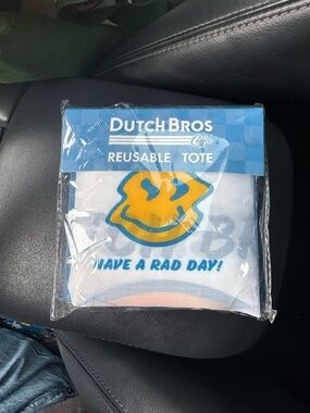 Dutch Bros White Tote with Yellow & Blue Smiley